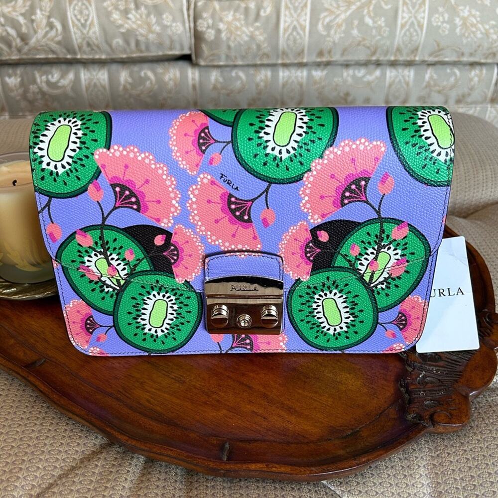 Furla Lilac Crossbody with Green Kiwi Print and Pink Accents